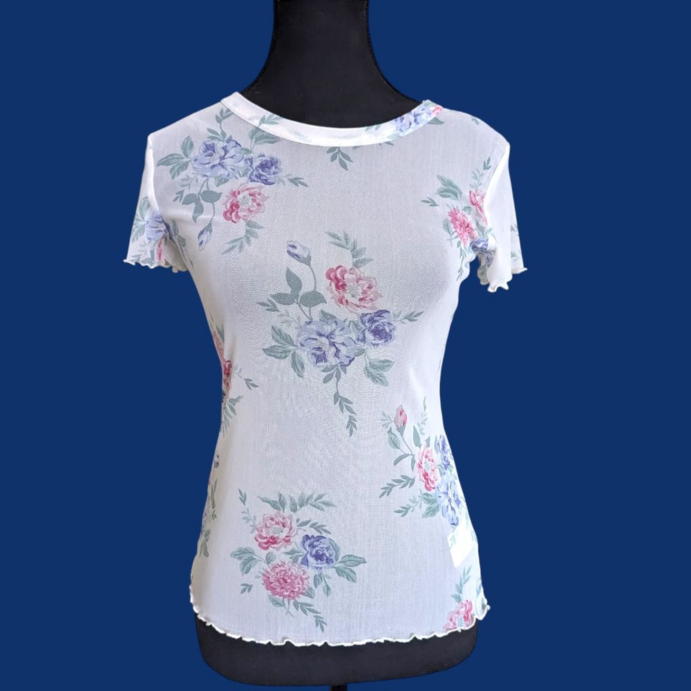 Bongo | Vintage 90s/Y2K Sheer Mesh Floral Top Ruffle Hem Fairycore White Pink M